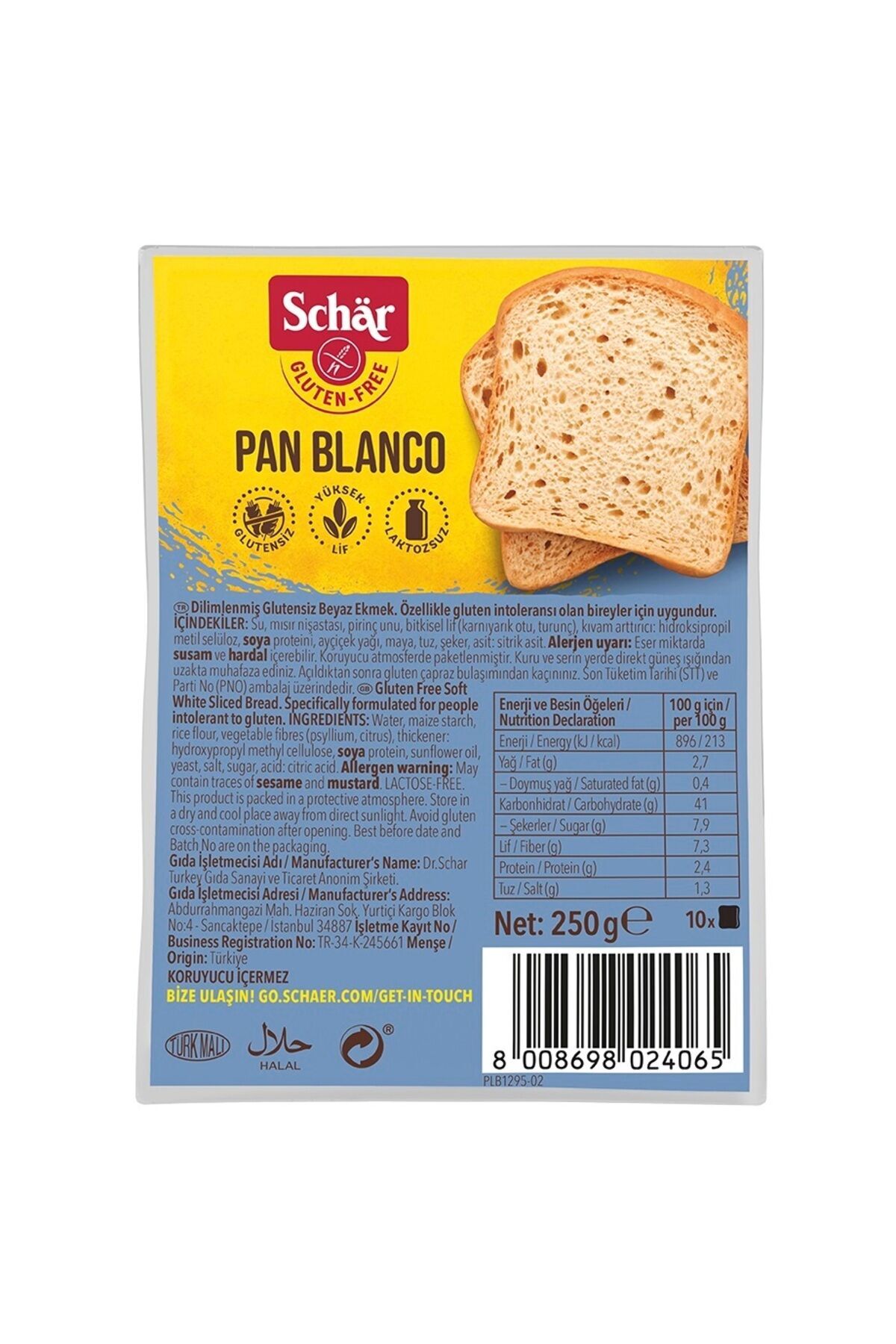 Pan Blanco Glutensiz Beyaz Ekmek 250 gr (8 ADET)