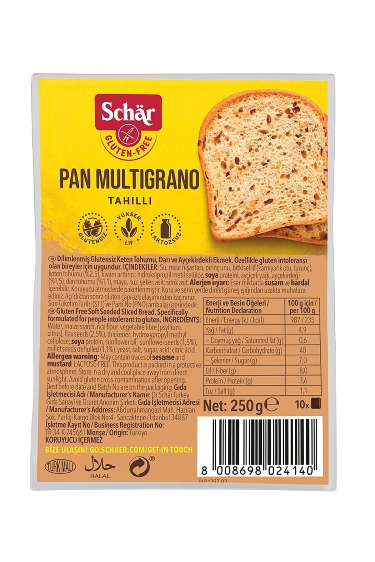 Pan Multigrano Glutensiz Ketenli Ayçekirdekli Ekmek 250 gr (8 ADET)