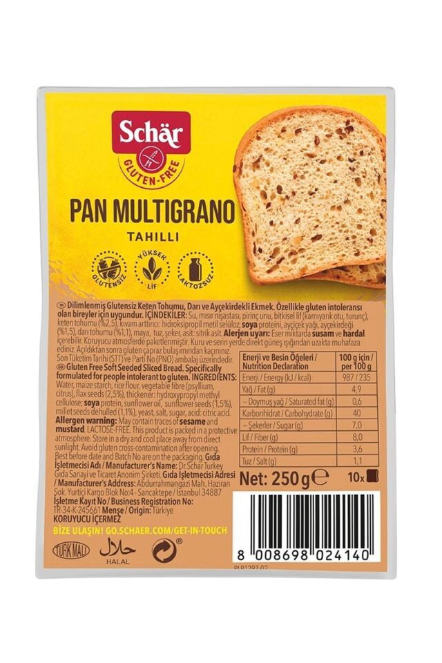 Schar Pan Multigrano Glutensiz Ketenli Ayçekirdekli Ekmek 250 gr (8 ADET)