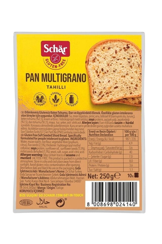 Schar Pan Multigrano Glutensiz Ketenli Ayçekirdekli Ekmek 250 gr (8 ADET)