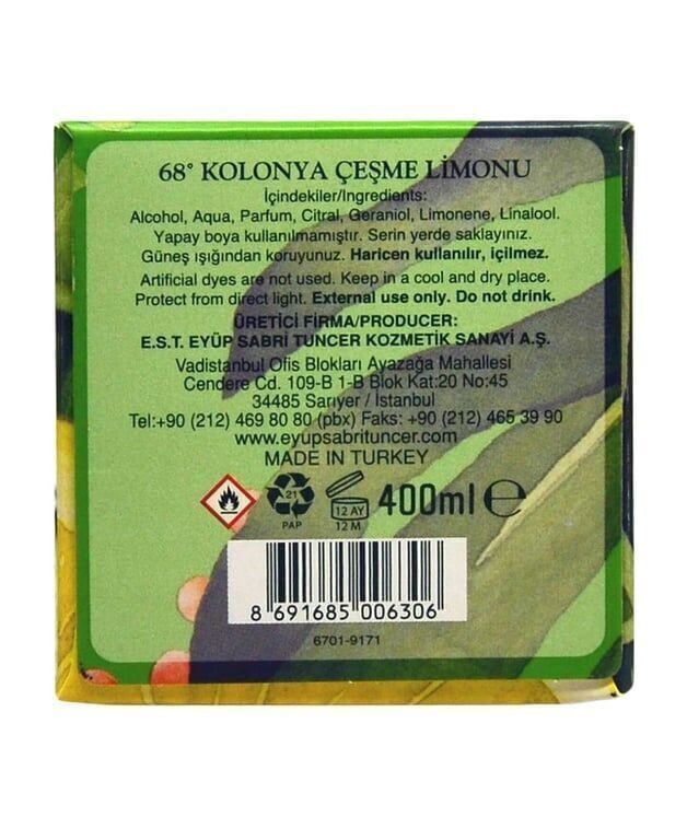 Eyüp Sabri Tuncer 68° Çeşme Limonu Alkollü Pet Kolonya 400 ml Paket (12 Adet)