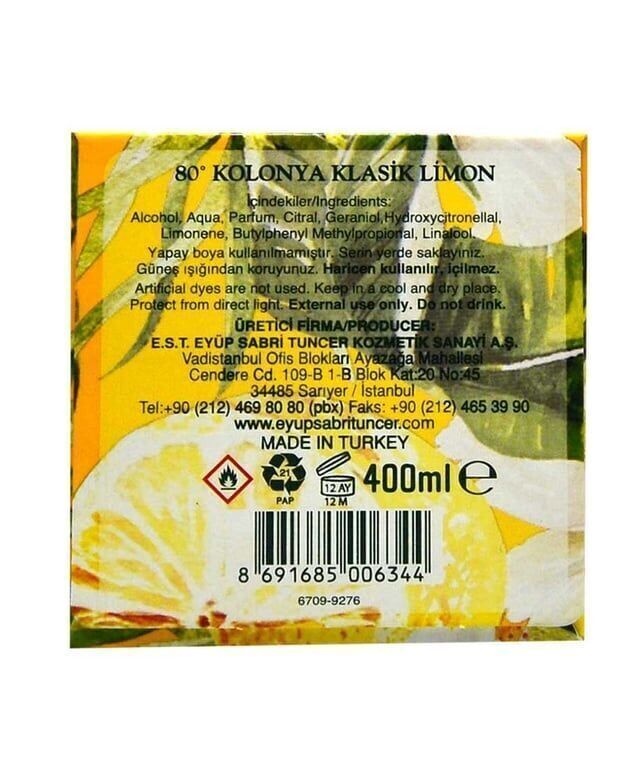 Eyüp Sabri Tuncer 80° Alkollü Limon Kolonyası 400 ml Koli (24 Adet)