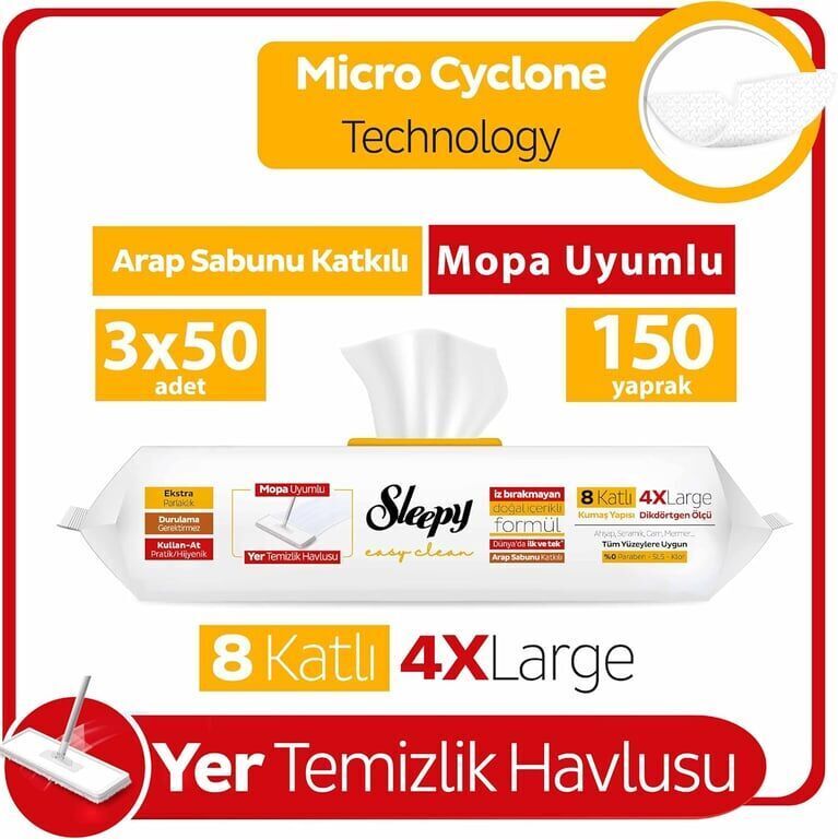 Sleepy Easy Clean Arap Sabunu Katkılı Mopa Uyumlu Yer Temizlik Havlusu 50 Yaprak Adet (1 Adet)