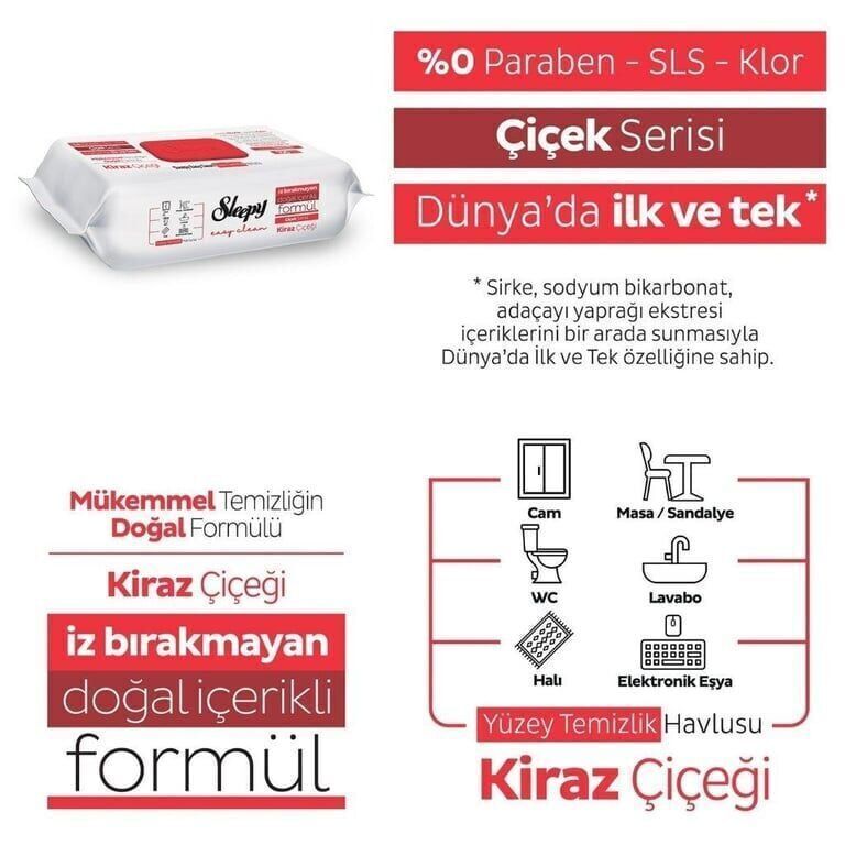 Sleepy Easy Clean Kiraz Çiçeği Yüzey Temizlik Havlusu 100 Lü Adet (1 Adet)