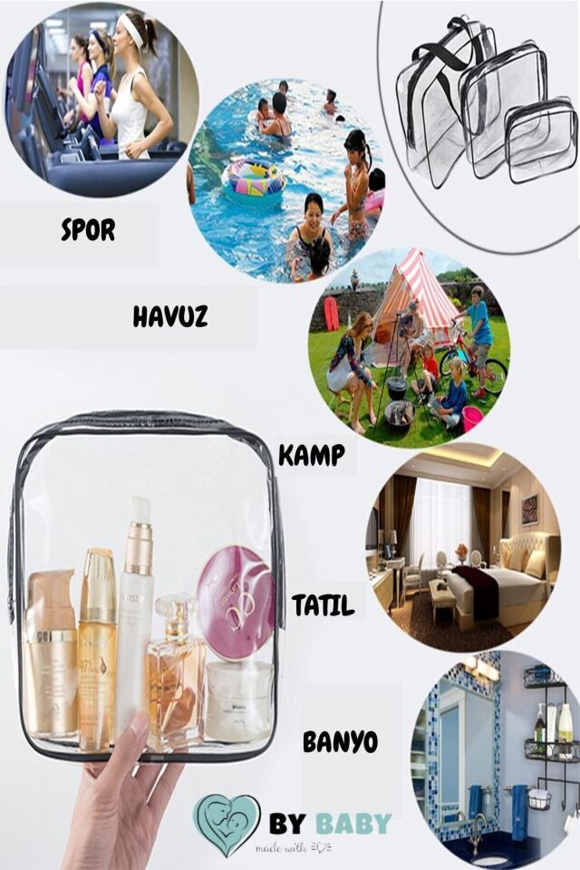 Bybaby Tatil, Plaj, Kozmetik ,makyaj Bakım Çantası Seti, Şeffaf Su Geçirmez , 3 Adet Çanta