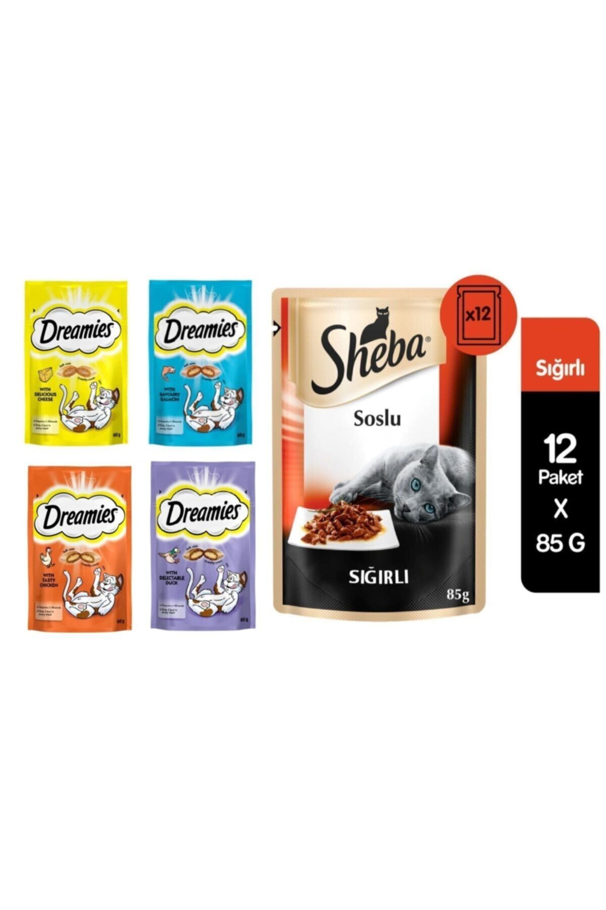 Kedi Ödül Maması 60gr*4 Adet Karışık Ve Sheba Pouch Sığır Etli Kedi Yaş Mama 85gr 12 Adet Set