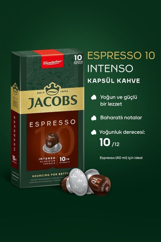 Jacobs Espresso 10 Intenso Nespresso Uyumlu Alüminyum Kapsül Kahve 10 Adet X 5 Paket