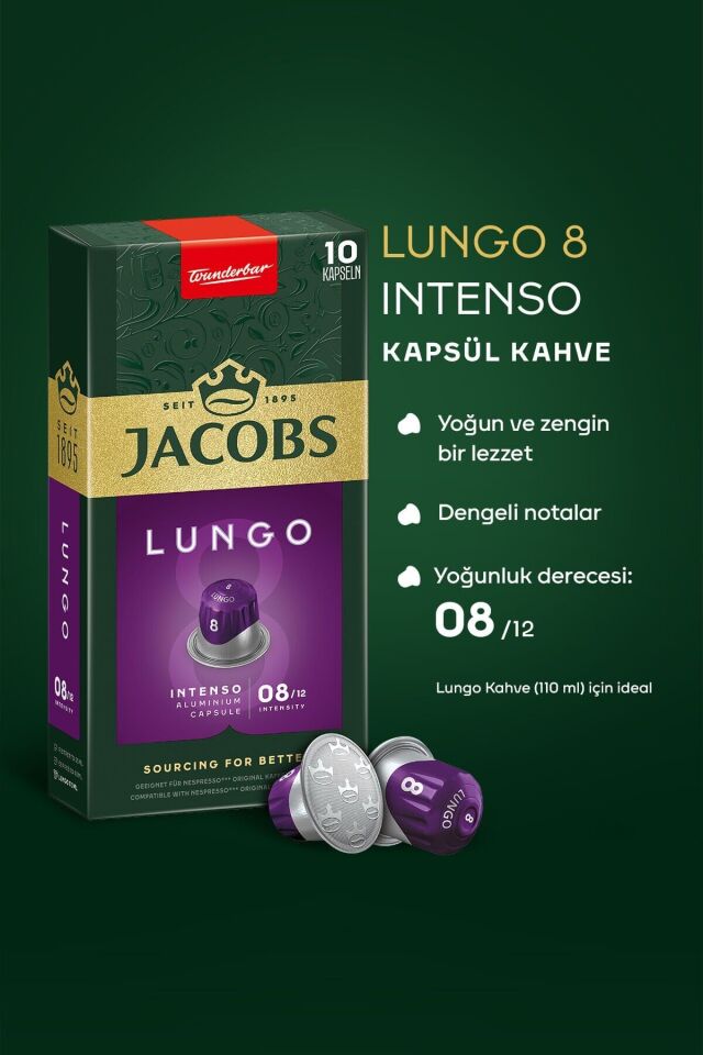 Jacobs Lungo 8 Intenso Nespresso Uyumlu Alüminyum Kapsül Kahve 10 Adet X 5 Paket