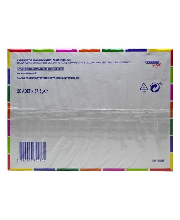 Mentos Şekerleme 37,5 gr X 20'li Paket Rainbow Karışık Meyve Aromalı Çiğnenen Draje