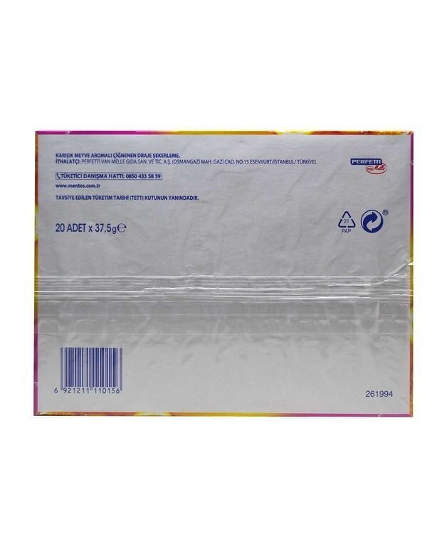 Mentos Şekerleme 37,5 gr X 20'li Paket Karışık Meyve Aromalı Çiğnenen Draje