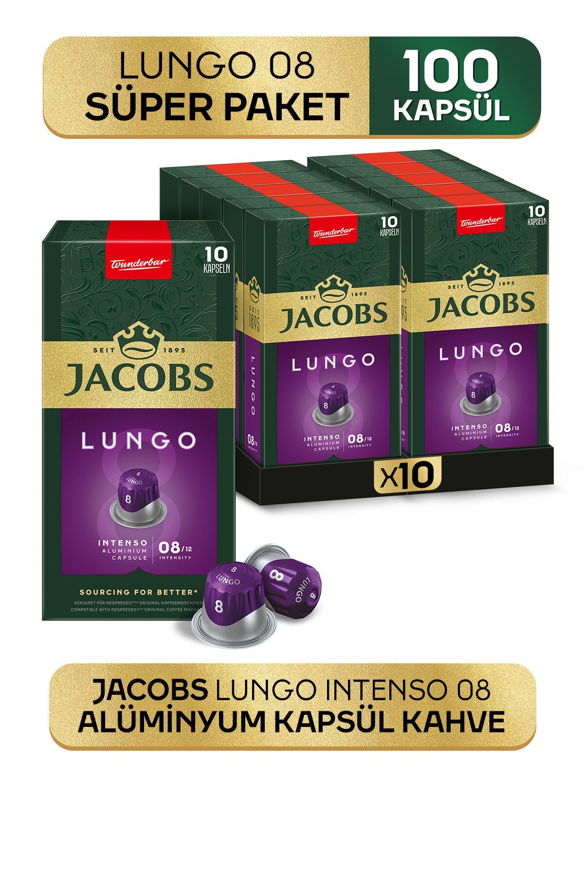 Lungo 8 Intenso Nespresso Uyumlu Alüminyum Kapsül Kahve 10 Adet X 10 Paket