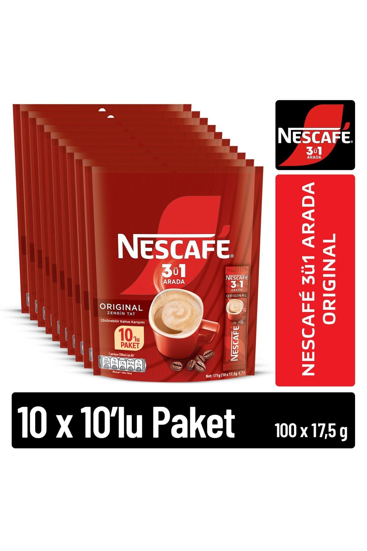 Nescafé 3ü1 Arada Original Çözünebilir Kahve 10 x 10'lu paket (10x17,5g)