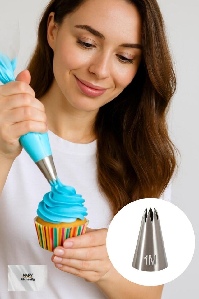 Kitchenify Krema Sıkma Torbası Ucu Paslanmaz Çelik 1M Açık Yıldız Orta Boy, Krema Duyu, Şanti Torbası Ucu,