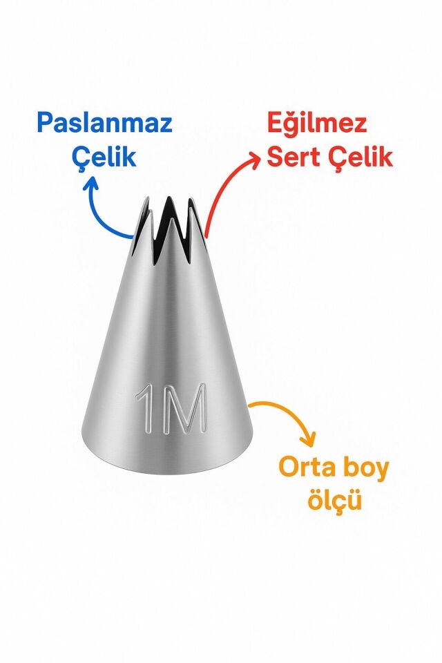 Kitchenify Krema Sıkma Torbası Ucu Paslanmaz Çelik 1M Açık Yıldız Orta Boy, Krema Duyu, Şanti Torbası Ucu,