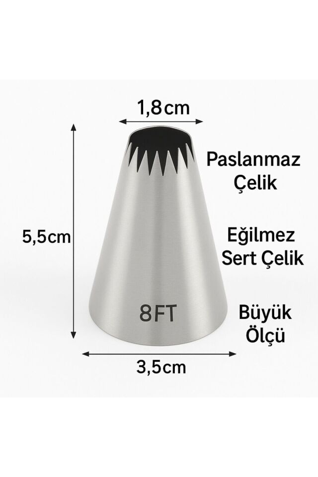 Kitchenify Krema Sıkma Torbası Ucu Paslanmaz Çelik 8FT Büyük Boy, Krema Duyu, Şanti Torbası Ucu,