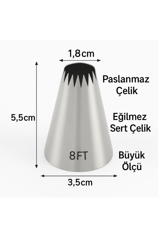 Krema Sıkma Torbası Ucu Paslanmaz Çelik 8FT Büyük Boy, Krema Duyu, Şanti Torbası Ucu,