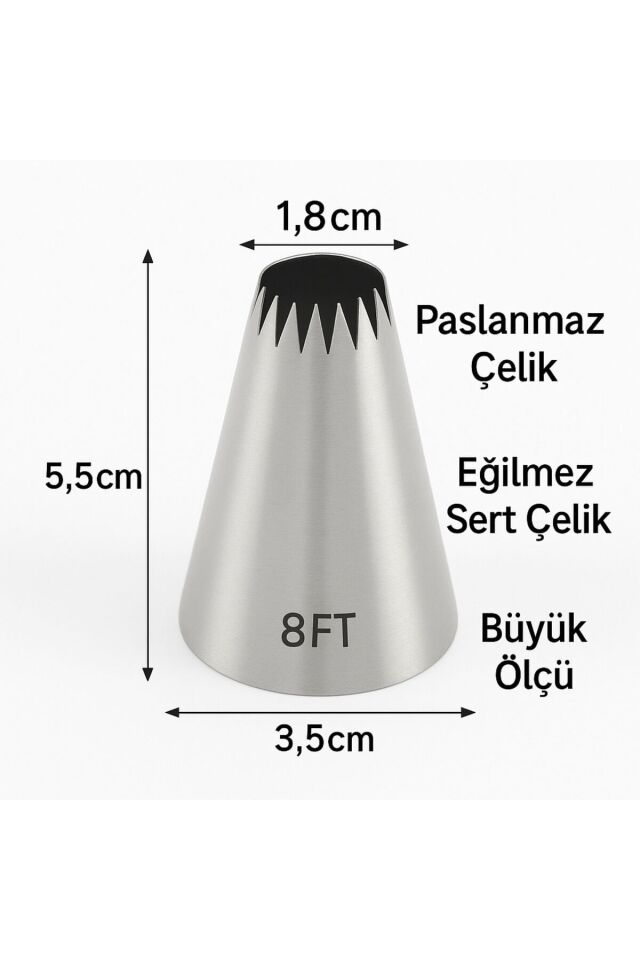 Kitchenify Krema Sıkma Torbası Ucu Paslanmaz Çelik 8FT Büyük Boy, Krema Duyu, Şanti Torbası Ucu,