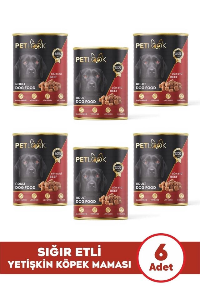 Petlook Konserve Köpek Maması Yetişkin Sığır Etli, Kıyılmış Etli Pate 415 gr 6 Adet Yaş Mama Düşük Tahıllı