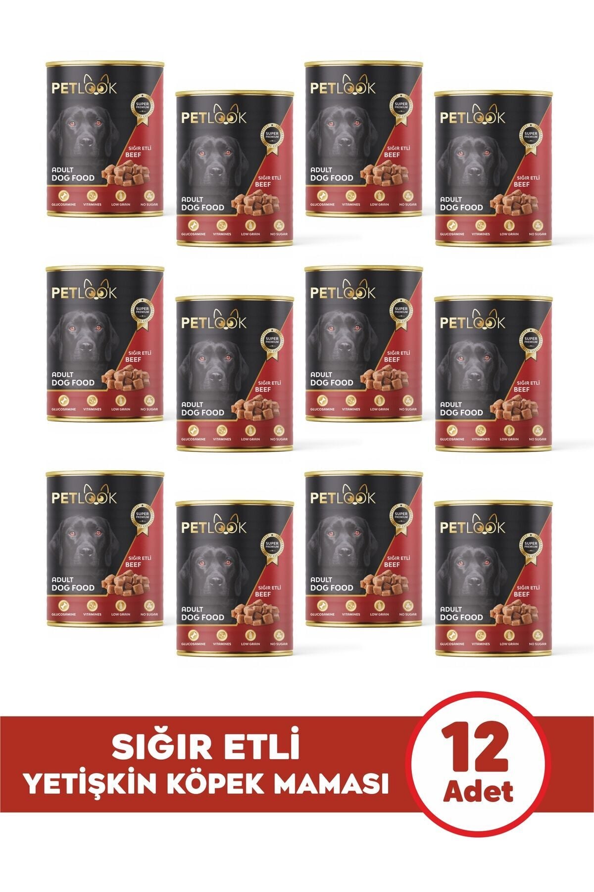 Petlook Konserve Köpek Maması Yetişkin Sığır Etli, Kıyılmış Etli Pate 415 gr 12 Adet Yaş Mama Düşük Tahıllı