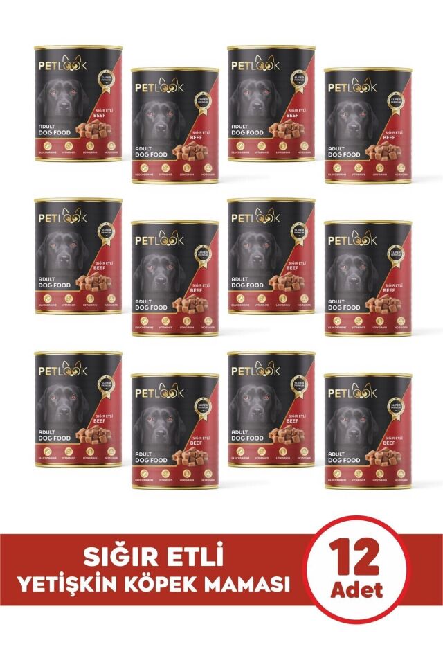 Petlook Konserve Köpek Maması Yetişkin Sığır Etli, Kıyılmış Etli Pate 415 gr 12 Adet Yaş Mama Düşük Tahıllı