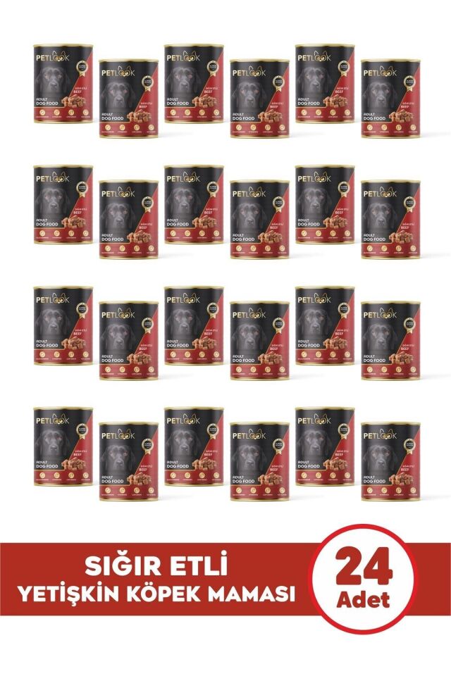Petlook Konserve Köpek Maması Yetişkin Sığır Etli, Kıyılmış Etli Pate 415 gr 24 Adet Yaş Mama Düşük Tahıllı