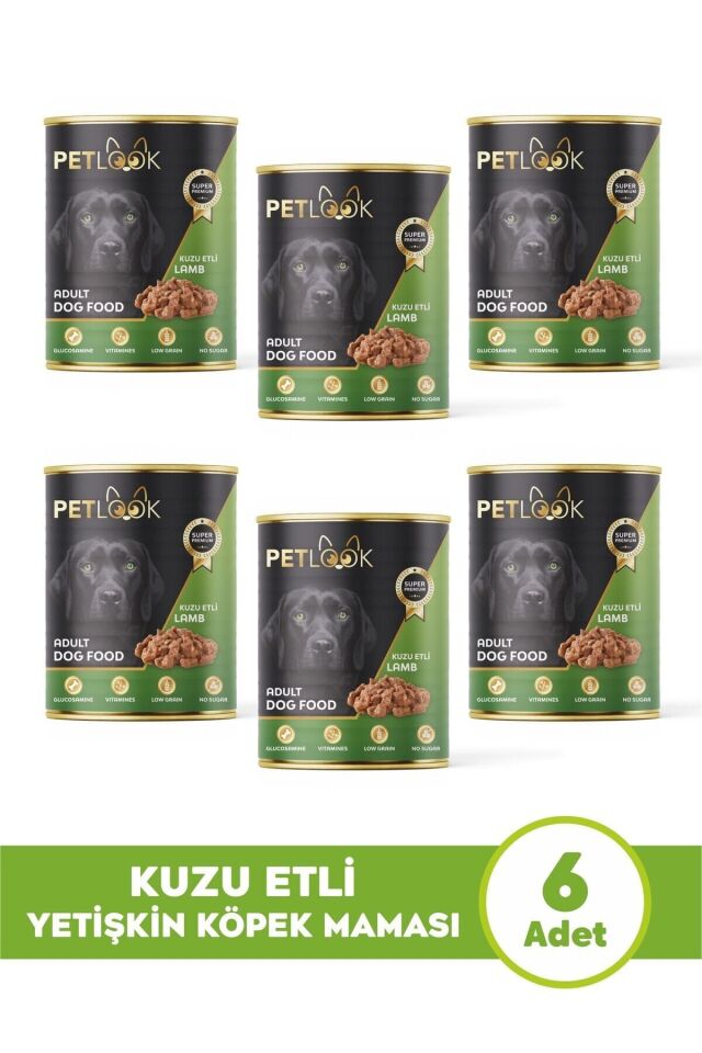 Petlook Konserve Köpek Maması Yetişkin Kuzu Etli, Kıyılmış Etli Pate 415 gr 6 Adet Yaş Mama Düşük Tahıllı