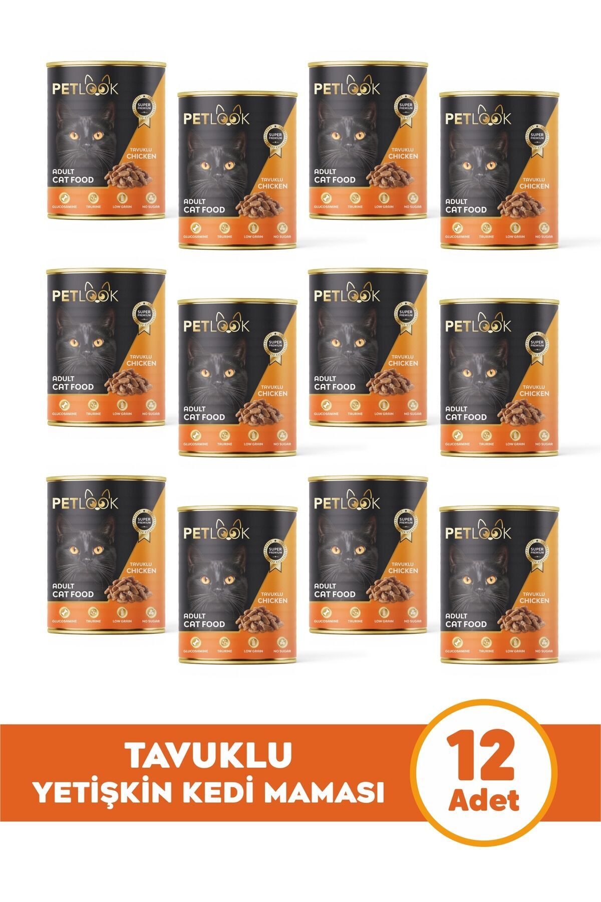 Petlook Konserve Kedi Maması Yetişkin Tavuk Etli, Kıyılmış Etli, Pate 415 gr 12 Adet Yaş Mama Düşük Tahıllı