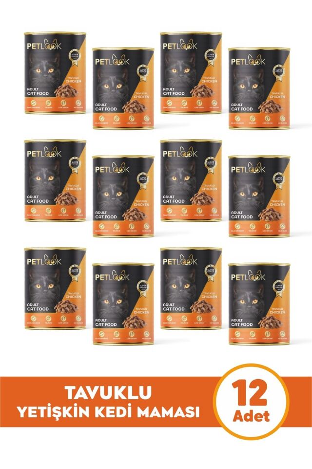 Petlook Konserve Kedi Maması Yetişkin Tavuk Etli, Kıyılmış Etli, Pate 415 gr 12 Adet Yaş Mama Düşük Tahıllı