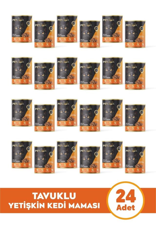 Petlook Konserve Kedi Maması Yetişkin Tavuk Etli, Kıyılmış Etli, Pate 415 gr 24 Adet Yaş Mama Düşük Tahıllı