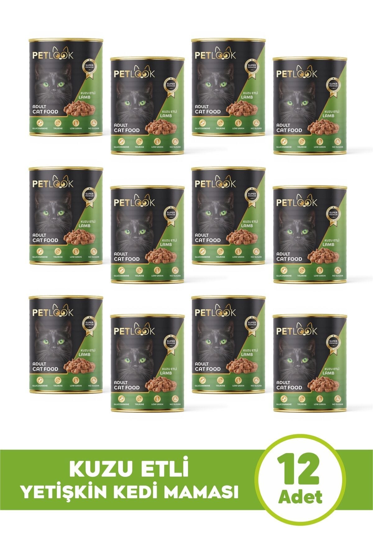 Konserve Kedi Maması Yetişkin Kuzu Etli, Kıyılmış Etli Pate 415 gr 12 Adet Yaş Mama Düşük Tahıllı