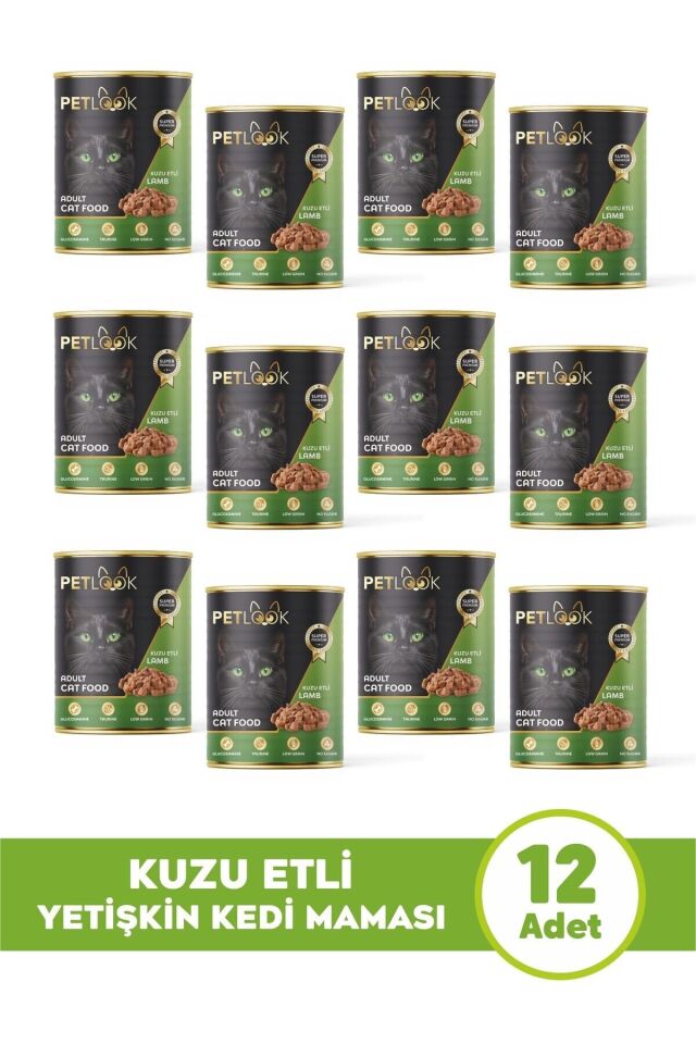 Petlook Konserve Kedi Maması Yetişkin Kuzu Etli, Kıyılmış Etli Pate 415 gr 12 Adet Yaş Mama Düşük Tahıllı