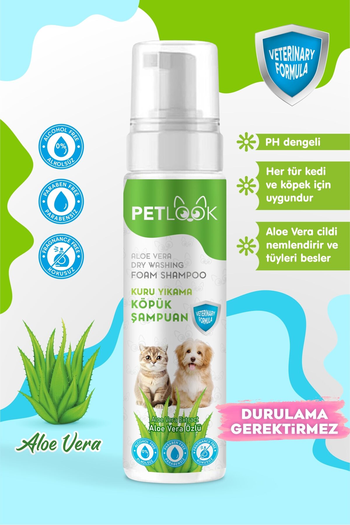 Köpek Kuru Köpük Şampuanı Aloavera Özlü 200 ml, Köpük Kedi ve Köpek Şampuanı
