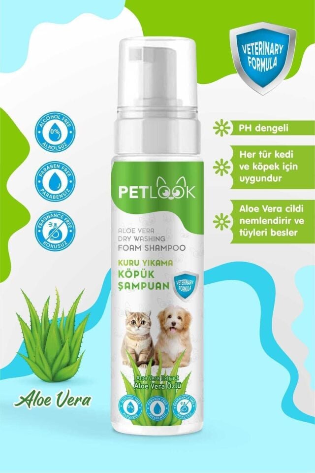 Petlook Köpek Kuru Köpük Şampuanı Aloavera Özlü 200 ml, Köpük Kedi ve Köpek Şampuanı