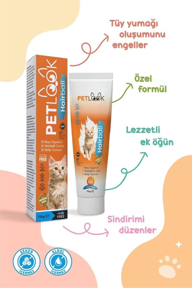 Petlook Kedi Maltı Hairball Tüy Yumağı Önlemeyi Destekleyen Kedi Maltı, Kedi Ödülü, Kedi Vitamini 2'li Set