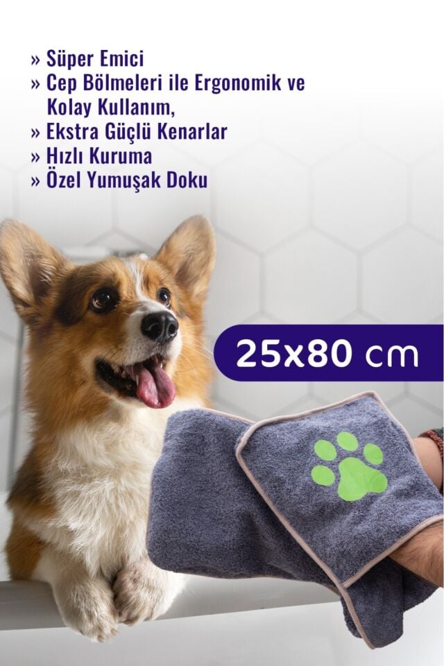 Köpek ve Kedi Pati Kurulama Havlusu, Cepli Köpek Havlusu, Kedi Havlusu, Mikrofiber Havlu 80x25 cm