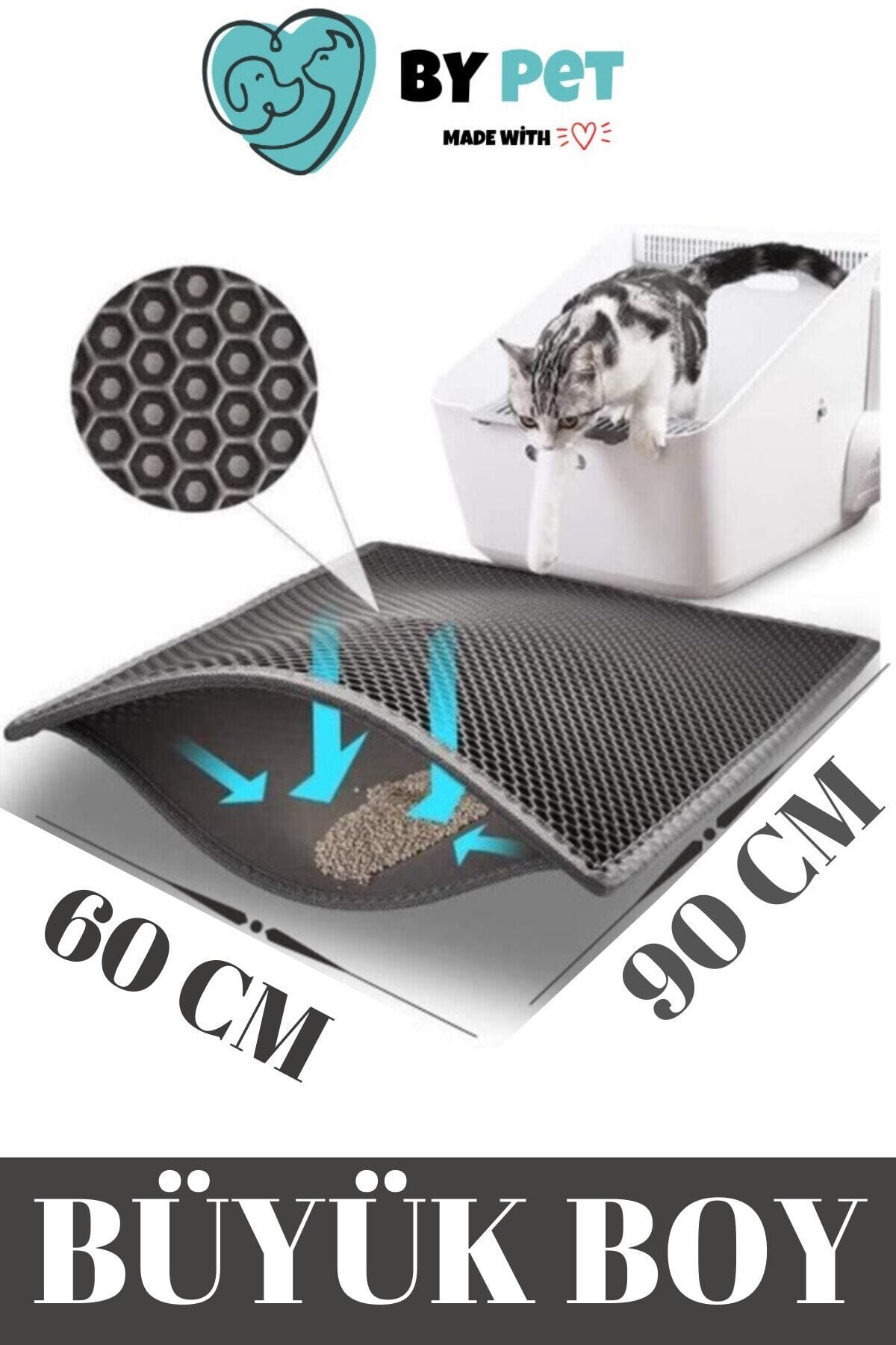 Bypet Gri Büyük Boy Elekli Kedi Tuvalet Önü Paspası 90x60cm