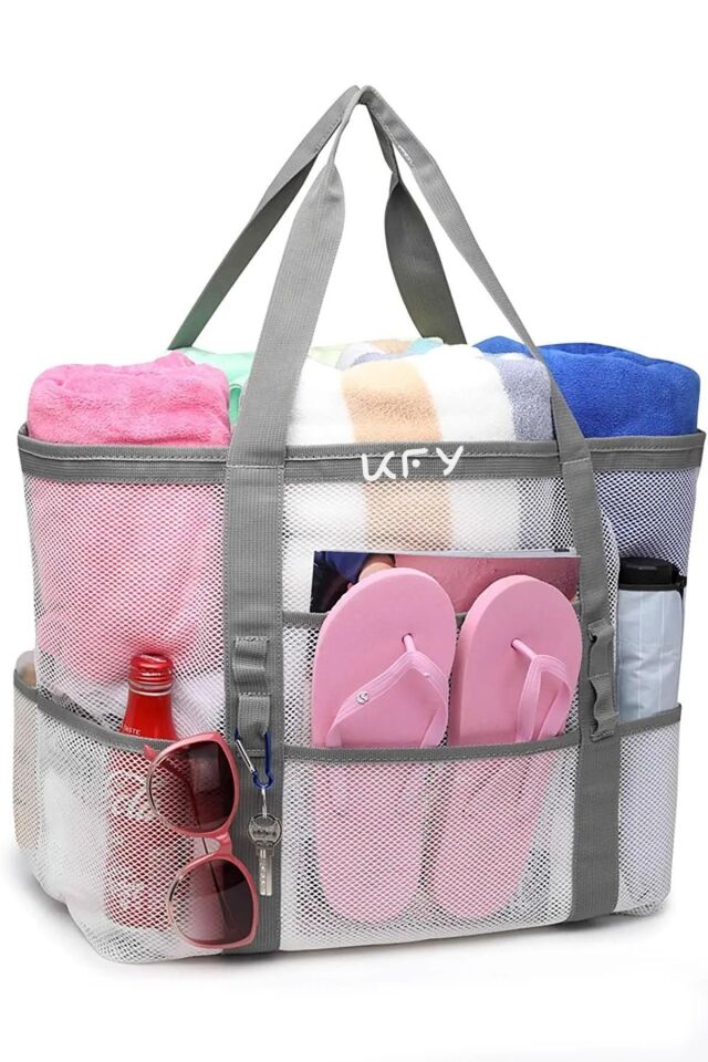Kitchenify Plaj Çantası, Piknik Çantası, Kadın Plaj Çantası File Plaj Çantası Kum Tutmaz Beyaz