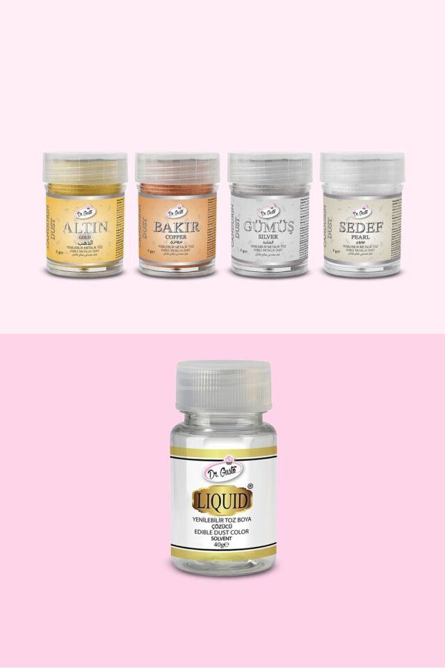 Yenilebilir Metalik Toz Gıda Boyası 4GR 4'lü Altın,Gümüş,Bakır, Set 40 GR Likit Açıcı Hediyeli