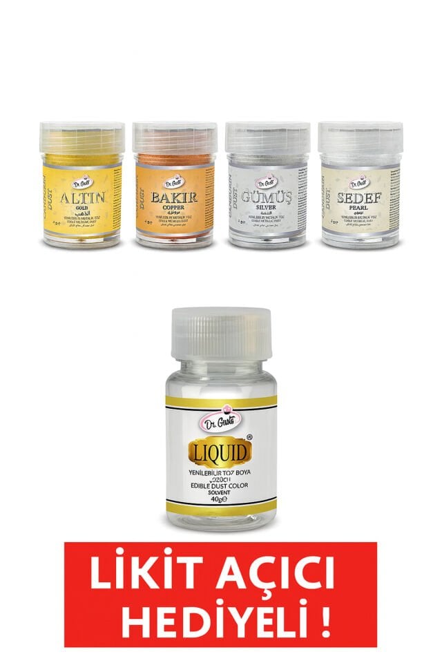 Yenilebilir Metalik Toz Gıda Boyası 4GR 4'lü Altın,Gümüş,Bakır, Set 40 GR Likit Açıcı Hediyeli