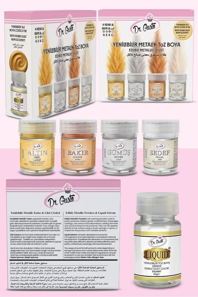 Yenilebilir Metalik Toz Gıda Boyası 4GR 4'lü Altın,Gümüş,Bakır, Set 40 GR Likit Açıcı Hediyeli