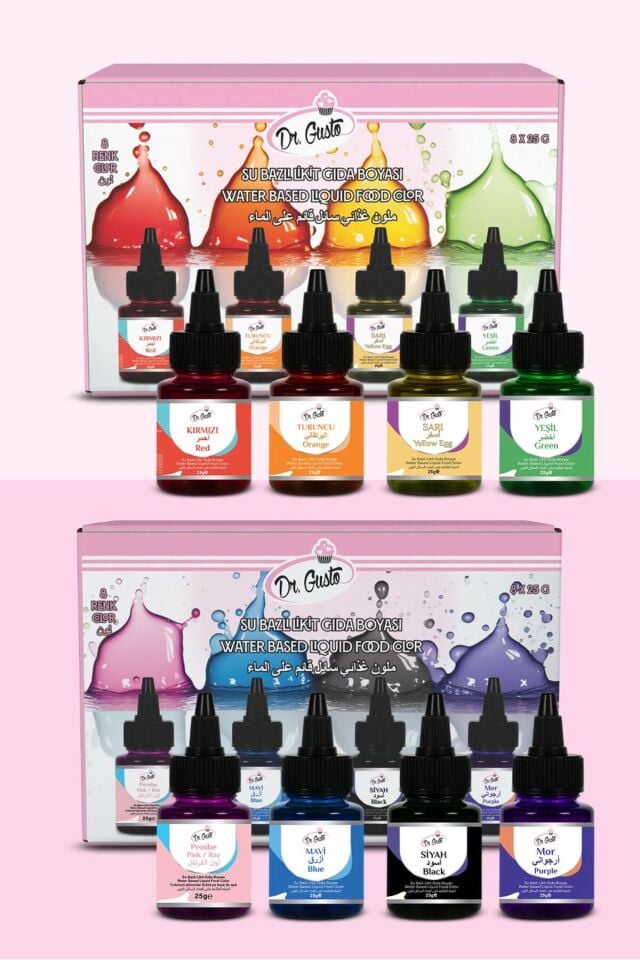 Su Bazlı Likit Sıvı Gıda Boyası 25 GR 8'Lİ SET KIRMIZI, SARI, TURUNCU, YEŞİL, PEMBE, MAVİ, SİYAH,MOR