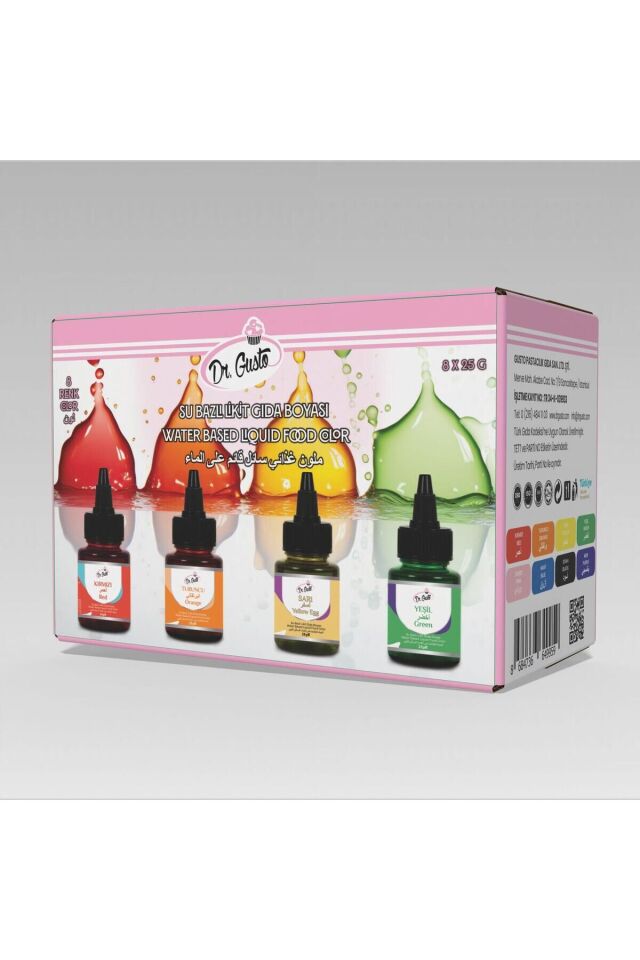Su Bazlı Likit Sıvı Gıda Boyası 25 GR 8'Lİ SET KIRMIZI, SARI, TURUNCU, YEŞİL, PEMBE, MAVİ, SİYAH,MOR