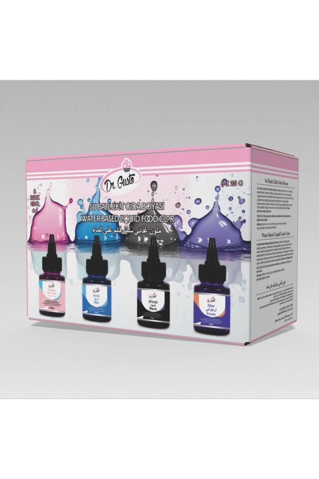 Su Bazlı Likit Sıvı Gıda Boyası 25 GR 8'Lİ SET KIRMIZI, SARI, TURUNCU, YEŞİL, PEMBE, MAVİ, SİYAH,MOR