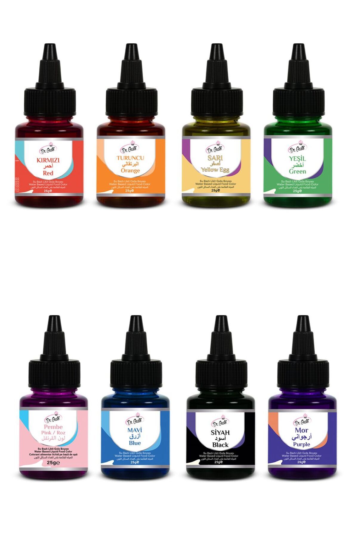 Su Bazlı Likit Sıvı Gıda Boyası 25 GR 8'Lİ SET KIRMIZI, SARI, TURUNCU, YEŞİL, PEMBE, MAVİ, SİYAH,MOR