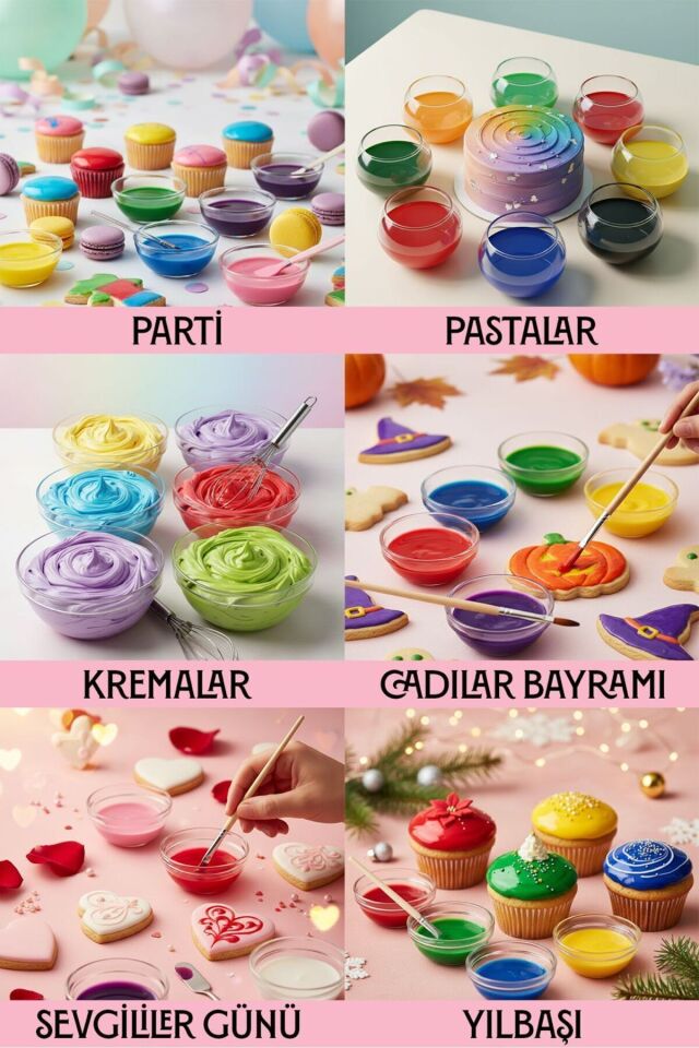 Su Bazlı Likit Sıvı Gıda Boyası 25 GR 8'Lİ SET KIRMIZI, SARI, TURUNCU, YEŞİL, PEMBE, MAVİ, SİYAH,MOR