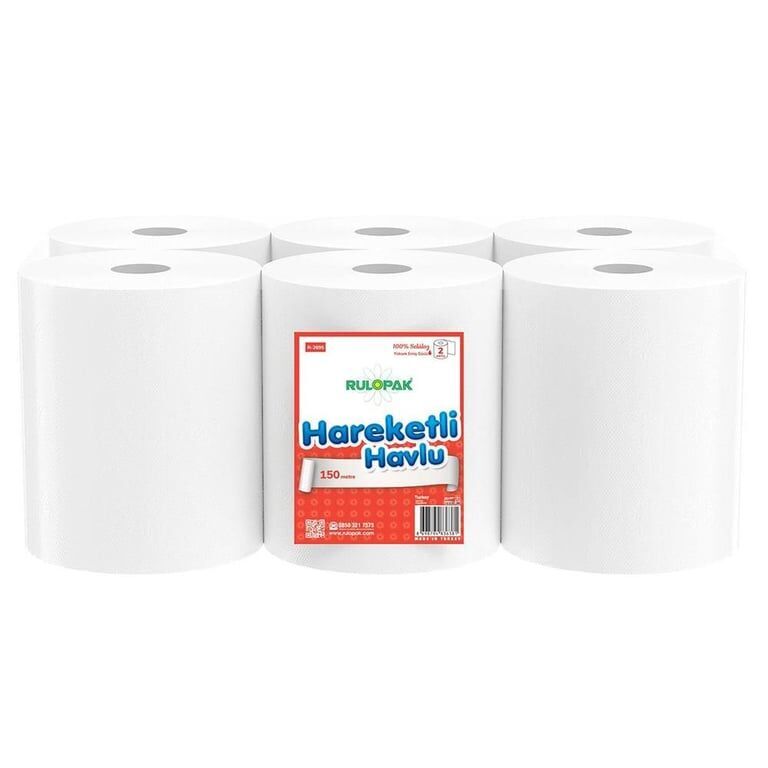 Rulopak Hareketli Havlu 2 Katlı 21 Cm 150 Metre 6'lı Paket