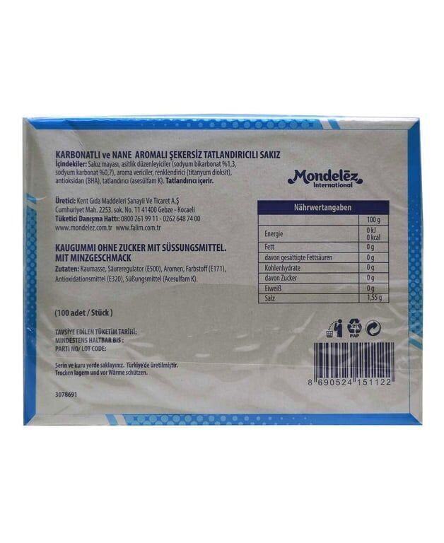 Falım Sakız 100'lü Paket Işıl Karbonatlı & Nane Aromalı Koli (20 Adet)