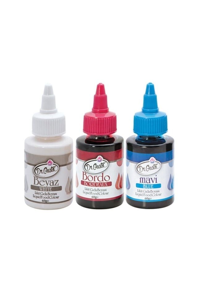 60 Gr 3 Lü Beyaz-bordo-mavi Su Bazlı Likit Sıvı Gıda Boyası 3 Adet
