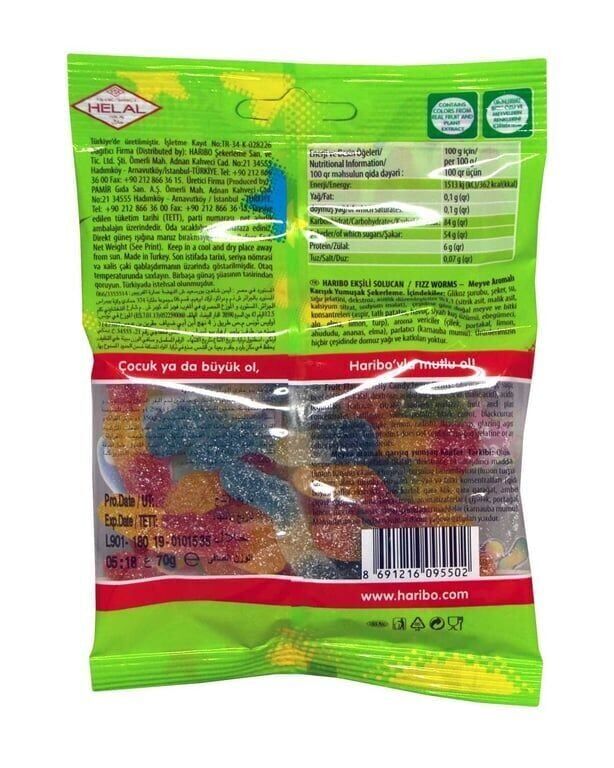 Haribo Yumuşak Şekerleme 70 gr Ekşi Solucan Koli (24 Adet)