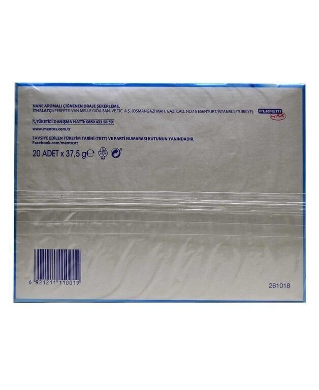Mentos Şekerleme 37,5 gr X 20'li Paket Nane Aromalı Çiğnenen Draje Koli (16 Adet)